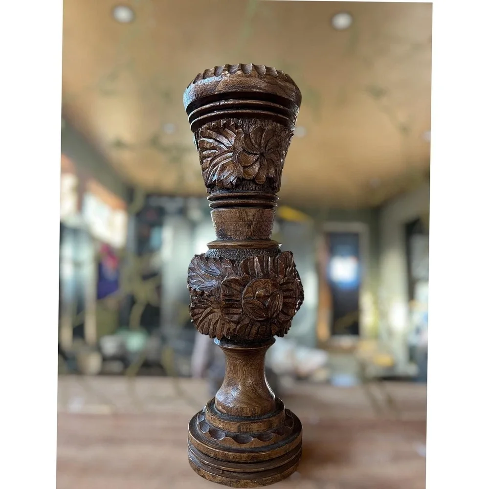 Hand Carved Floral Wooden Vase Rustic Artisan Decorative‎ Wood Sculpture Vessel